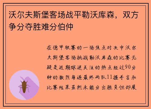 沃尔夫斯堡客场战平勒沃库森，双方争分夺胜难分伯仲