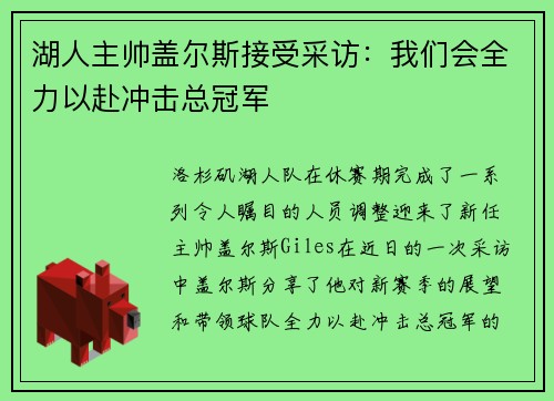 湖人主帅盖尔斯接受采访：我们会全力以赴冲击总冠军