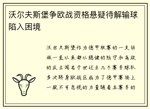 沃尔夫斯堡争欧战资格悬疑待解输球陷入困境