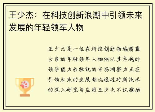 王少杰：在科技创新浪潮中引领未来发展的年轻领军人物