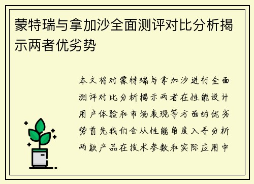 蒙特瑞与拿加沙全面测评对比分析揭示两者优劣势