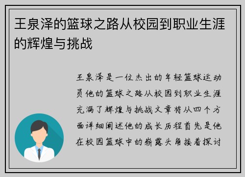 王泉泽的篮球之路从校园到职业生涯的辉煌与挑战