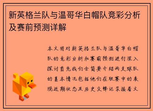 新英格兰队与温哥华白帽队竞彩分析及赛前预测详解