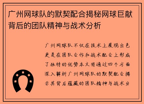 广州网球队的默契配合揭秘网球巨献背后的团队精神与战术分析